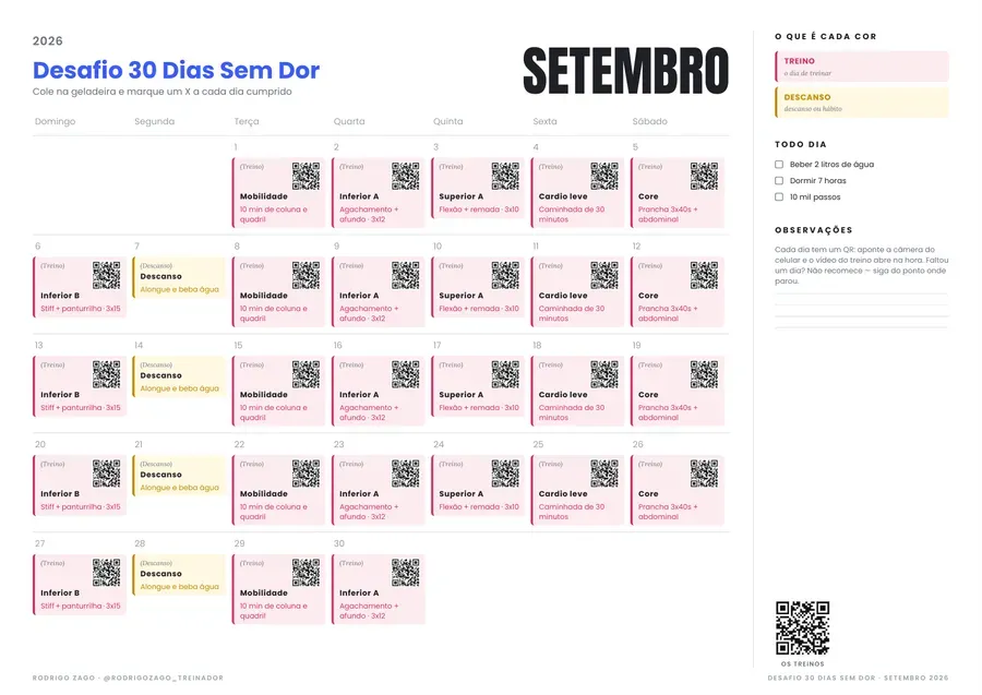 Calendário de desafio de 30 dias criado no EliteApp, com um QR code em cada dia de treino
